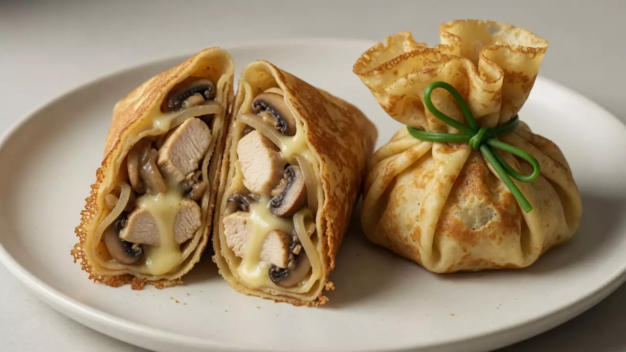 Разрезанный блинный мешочек с начинкой из курицы, грибов и сыра