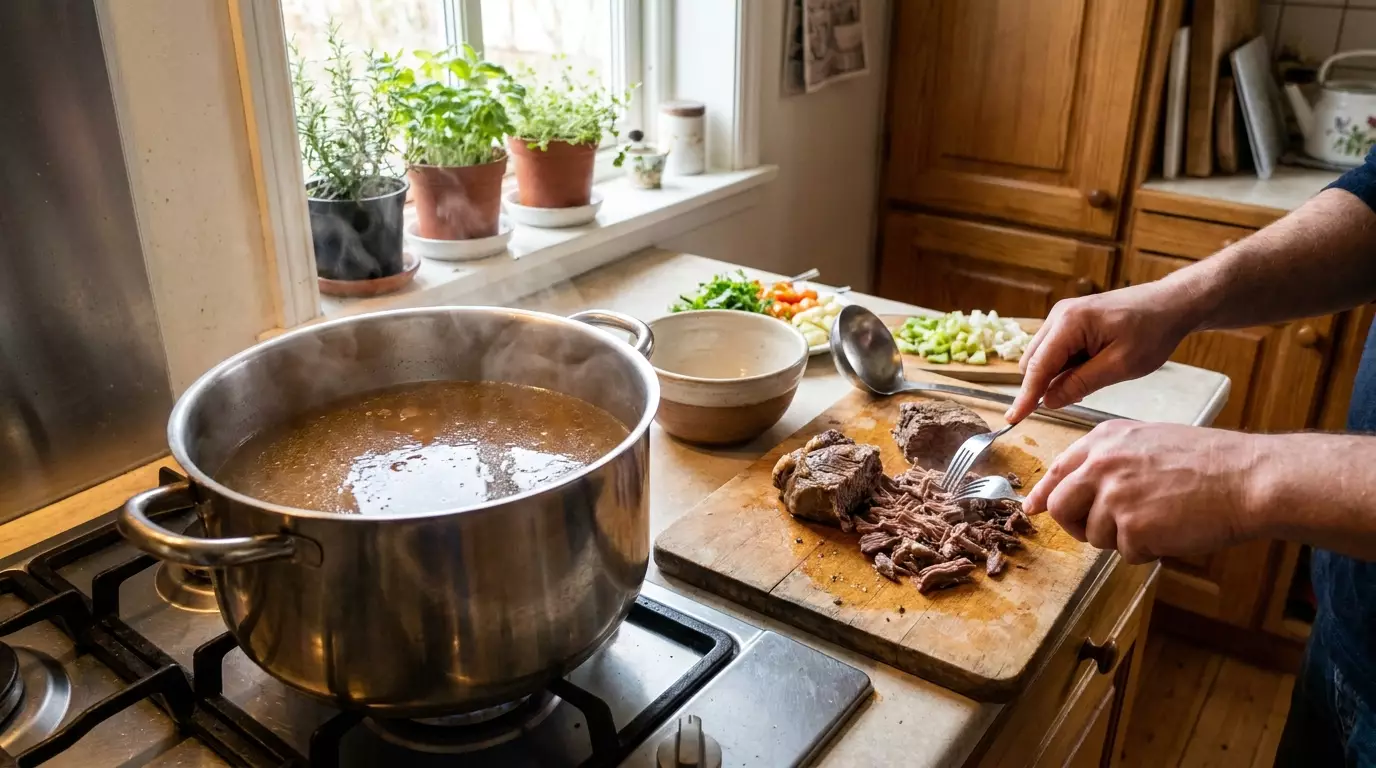 Говяжий бульон для харчо в кастрюле и отварное мясо на доске