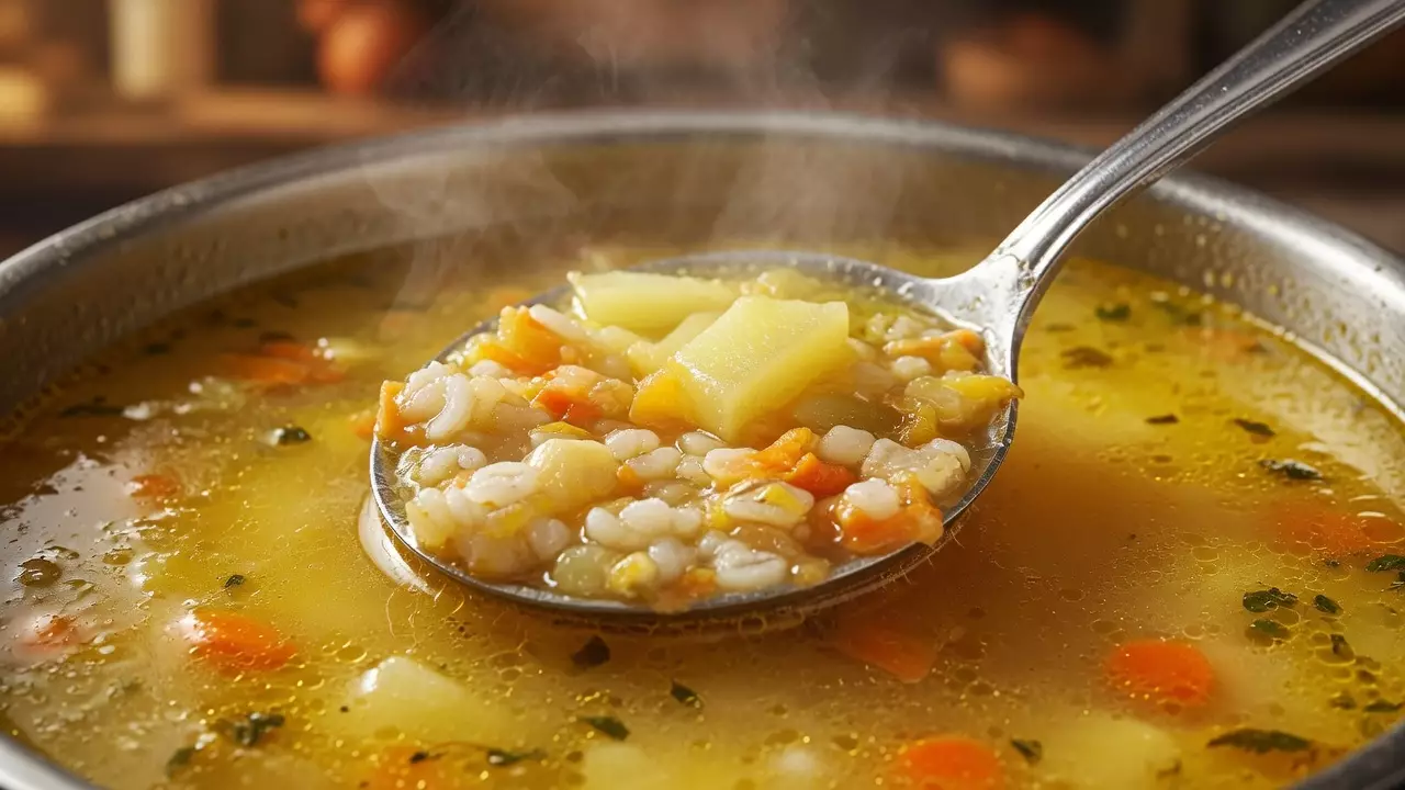 Готовый рассольник с перловкой и солёными огурцами подан со сметаной и зеленью
