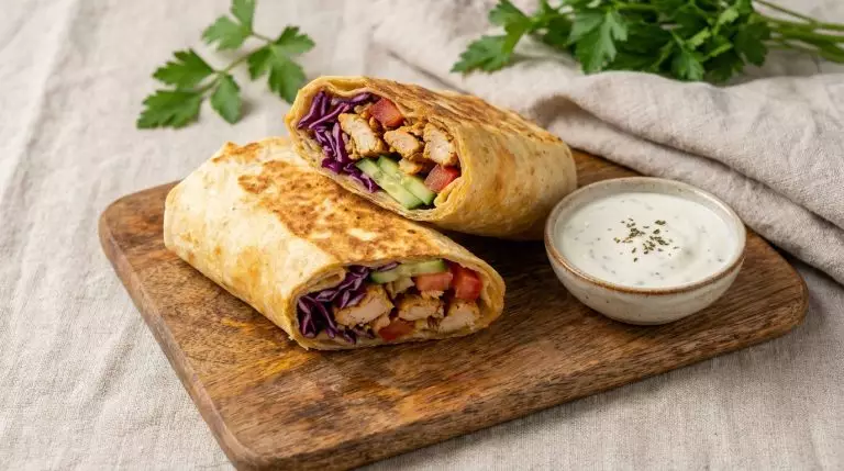 Домашняя шаурма с курицей и овощами: сочная начинка и простой соус