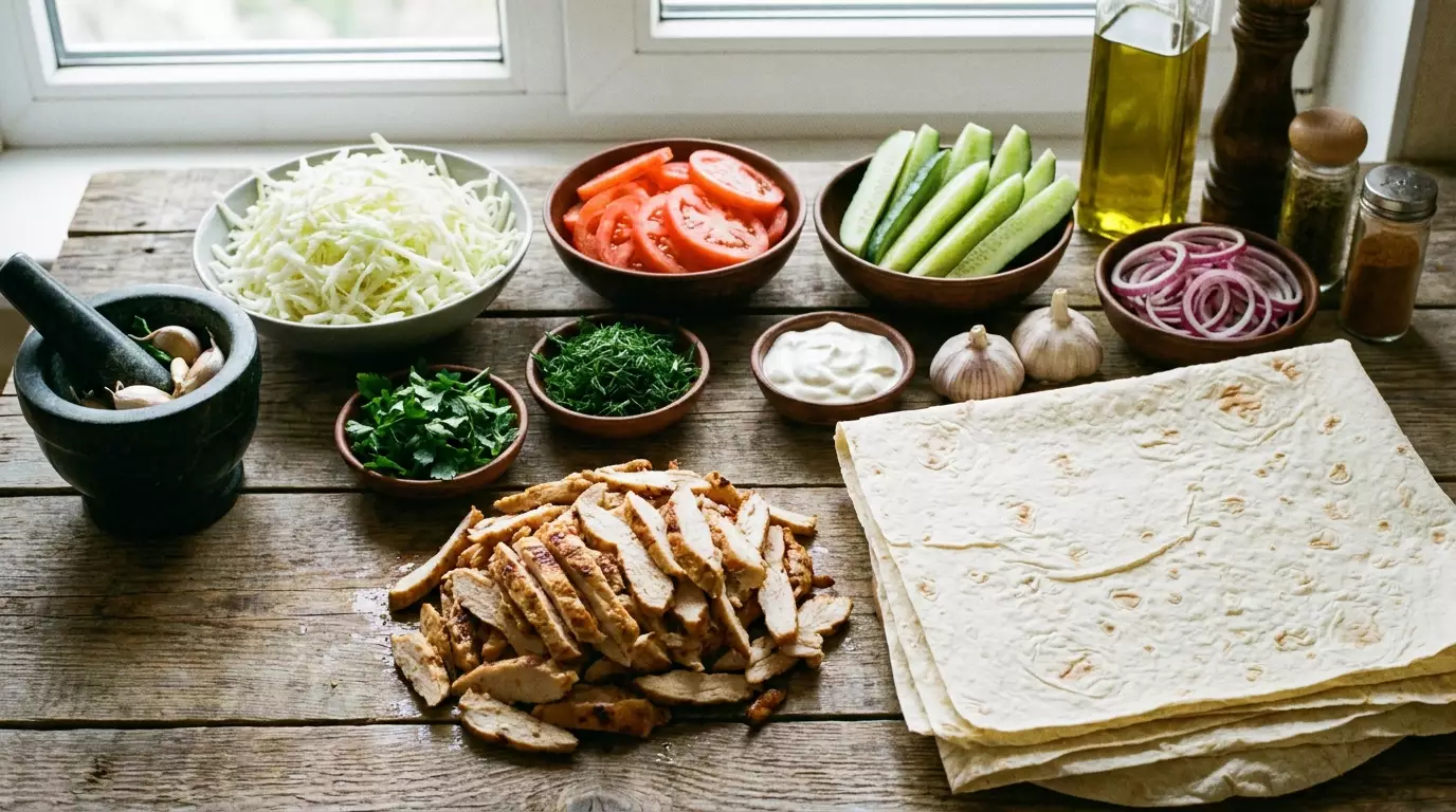 Куриное филе, лаваш, капуста, помидоры, огурцы и продукты для соуса