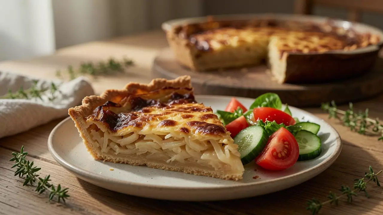 Кусок лукового пирога с нежной начинкой и румяной сырной корочкой