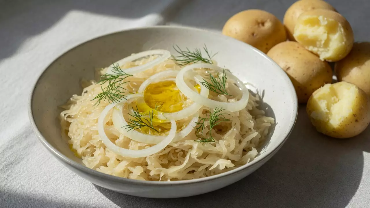 Квашеная капуста с луком и растительным маслом подана в миске