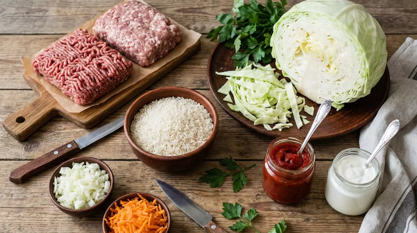 Мясной фарш, белокочанная капуста, рис, лук, морковь и томаты для ленивых голубцов