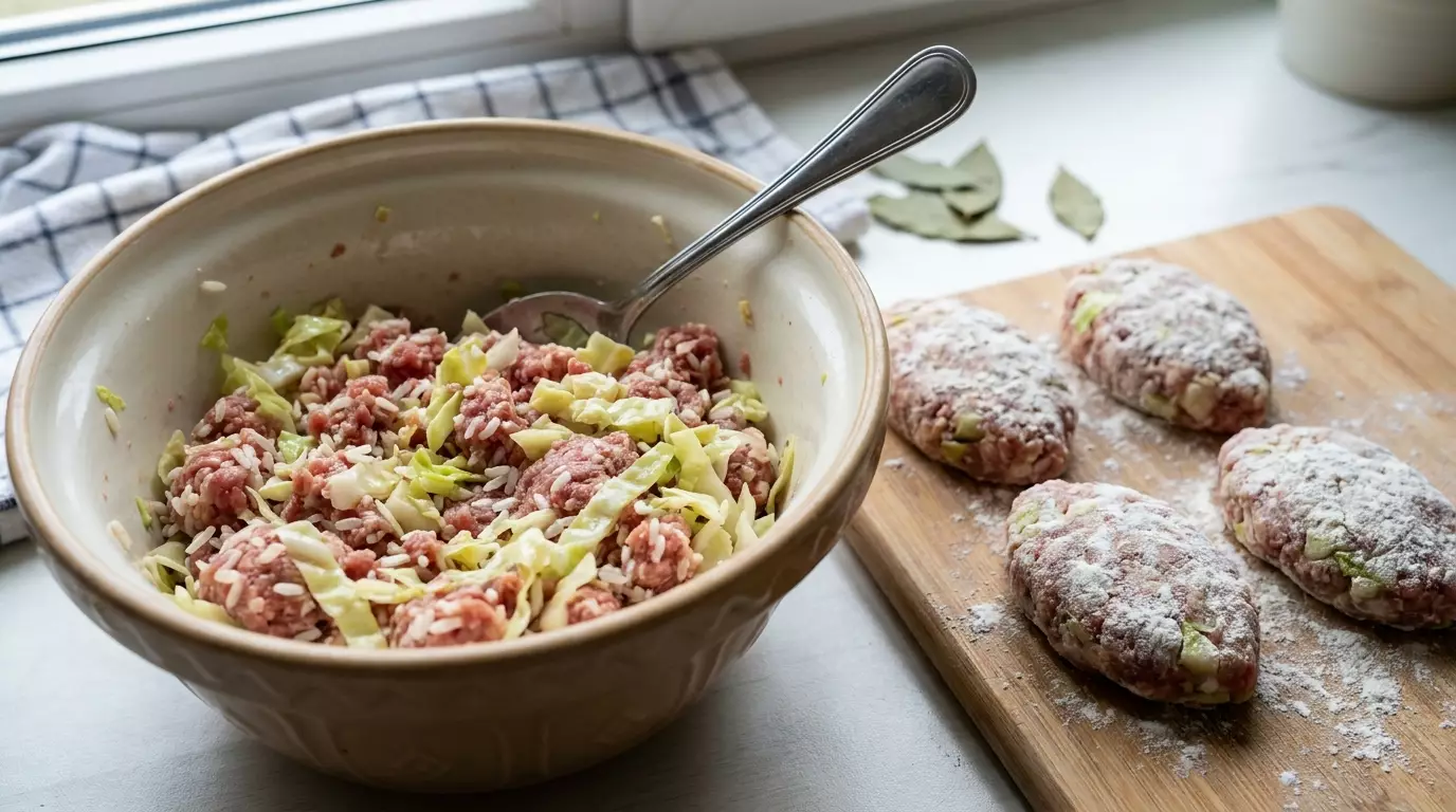 Масса из фарша, капусты и риса для ленивых голубцов в глубокой миске