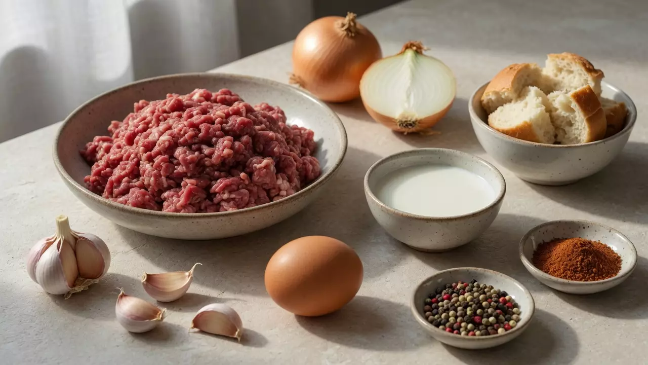 Смешанный мясной фарш, лук, белый хлеб, молоко, яйцо и специи для домашних котлет