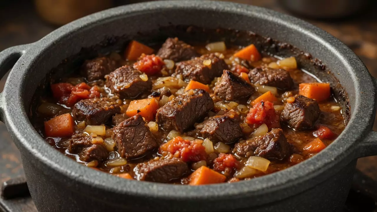 Мясо, лук, морковь и томаты обжариваются в кастрюле для супа мастава