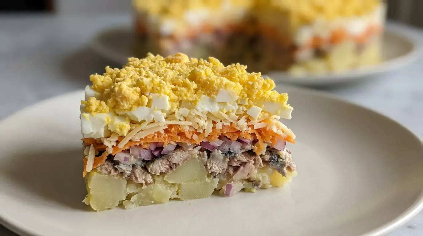 Порционный кусок салата Мимоза с сардинами, картофелем, морковью, сыром и яйцами