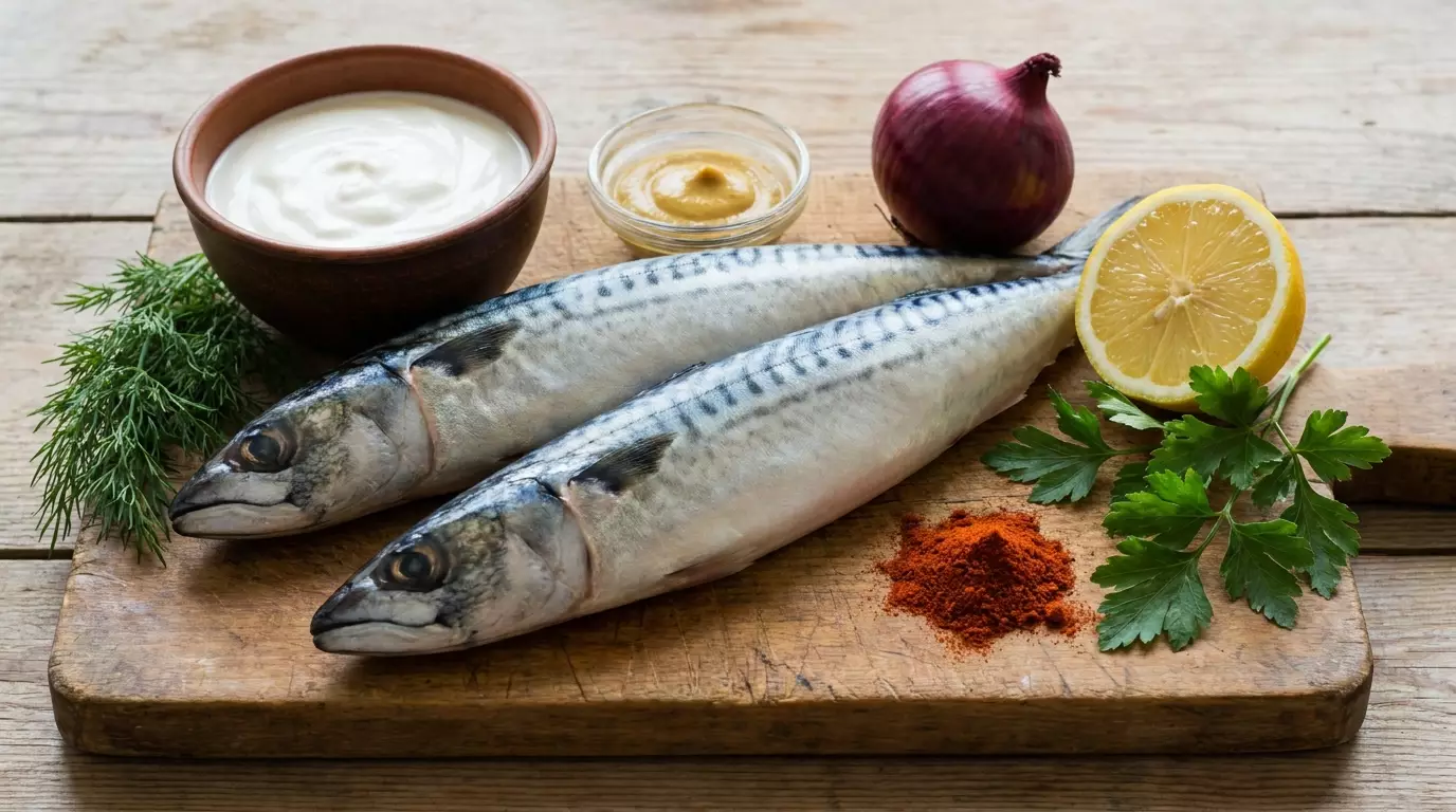 Свежая скумбрия, сметана, горчица, лимон, лук и специи для запекания