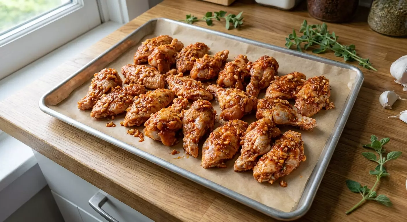 Куриные крылышки в чесночном маринаде перед запеканием