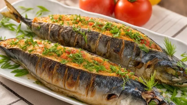 Фаршированная скумбрия с грибами и луком в духовке