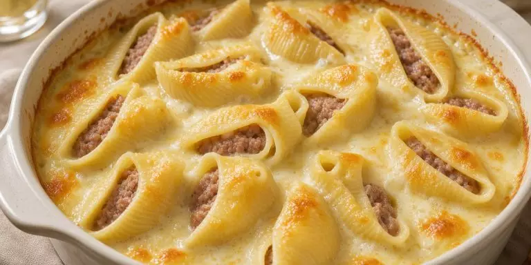 Фаршированные ракушки с мясом под соусом бешамель