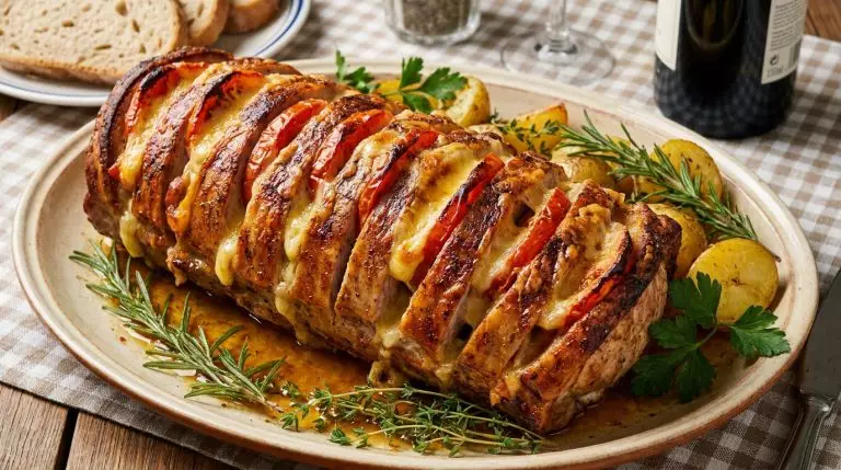 Мясо «гармошка» с сыром и помидорами в духовке
