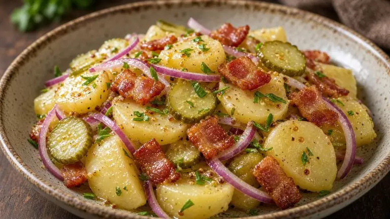 Немецкий картофельный салат с беконом и маринованными огурцами