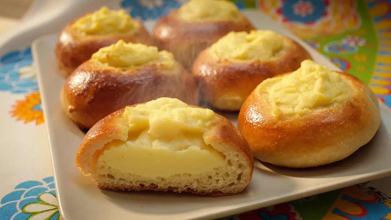 Разрезанная шанежка с мягким тестом и густой картофельной начинкой