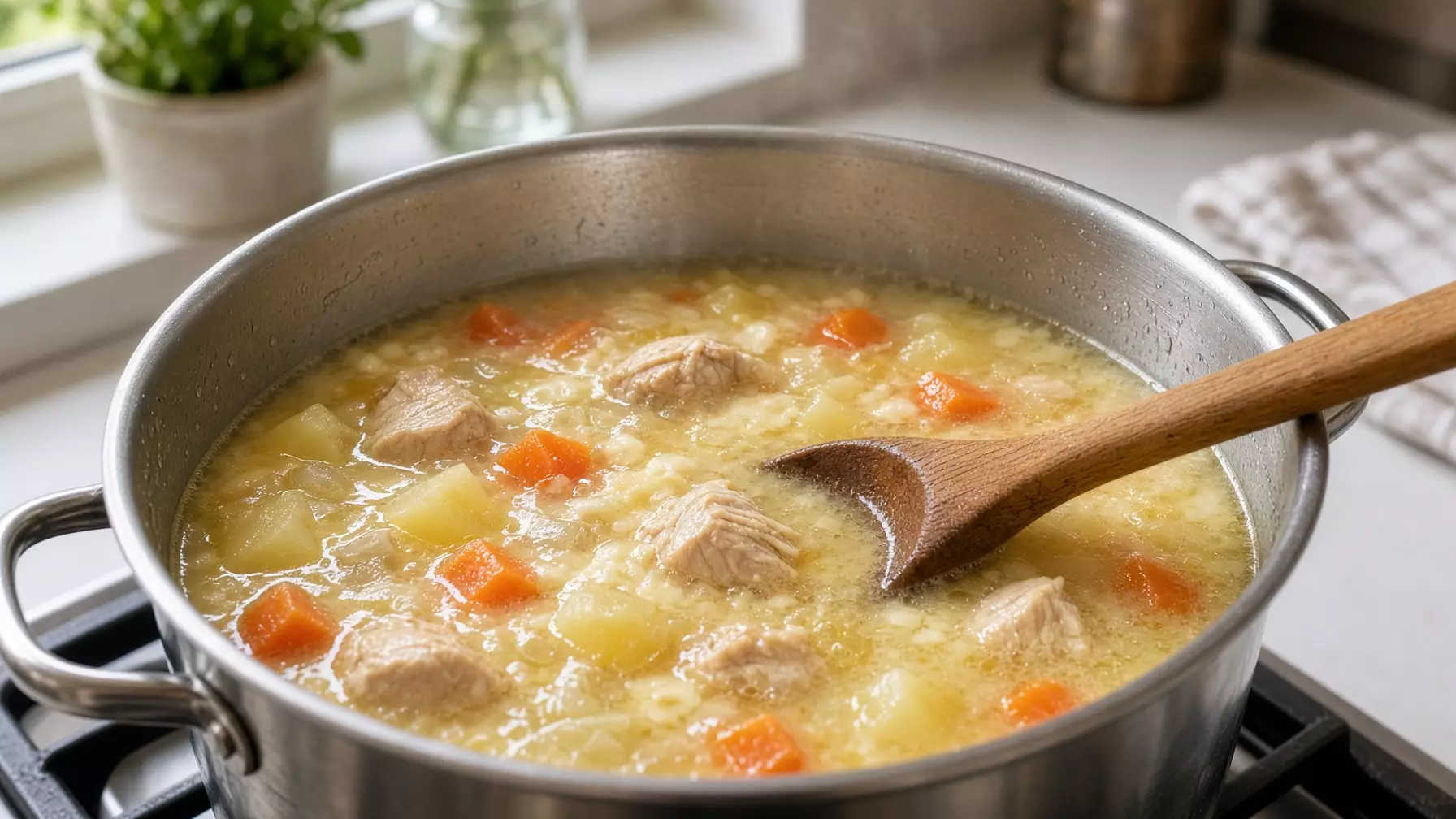 Плавленый сыр растворяется в сырном супе с курицей и овощами