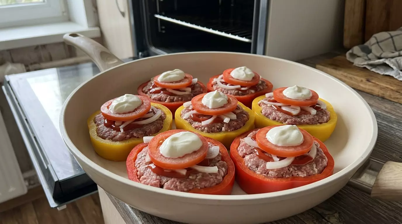 Котлеты Ласточкино гнездо в кольцах болгарского перца перед запеканием