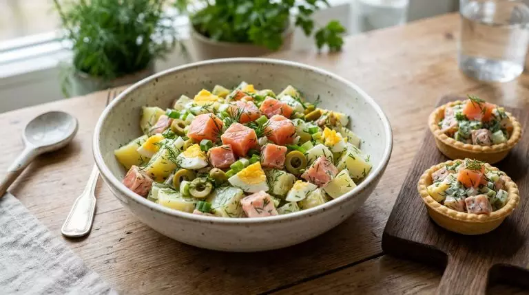 Салат со слабосолёной сёмгой, картофелем, яйцами и оливками