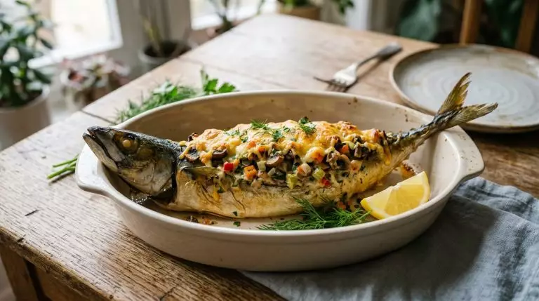 Скумбрия-„лодочка“ с грибами, овощами и сыром